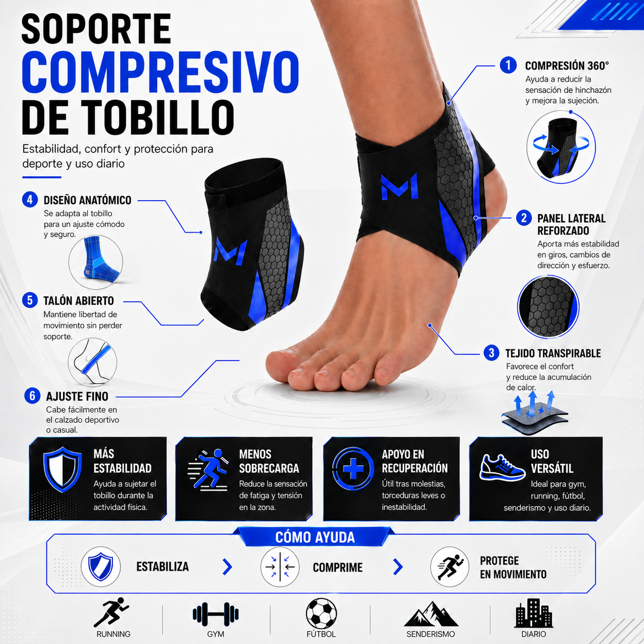 Tobillera de compresión y estabilidad avanzada